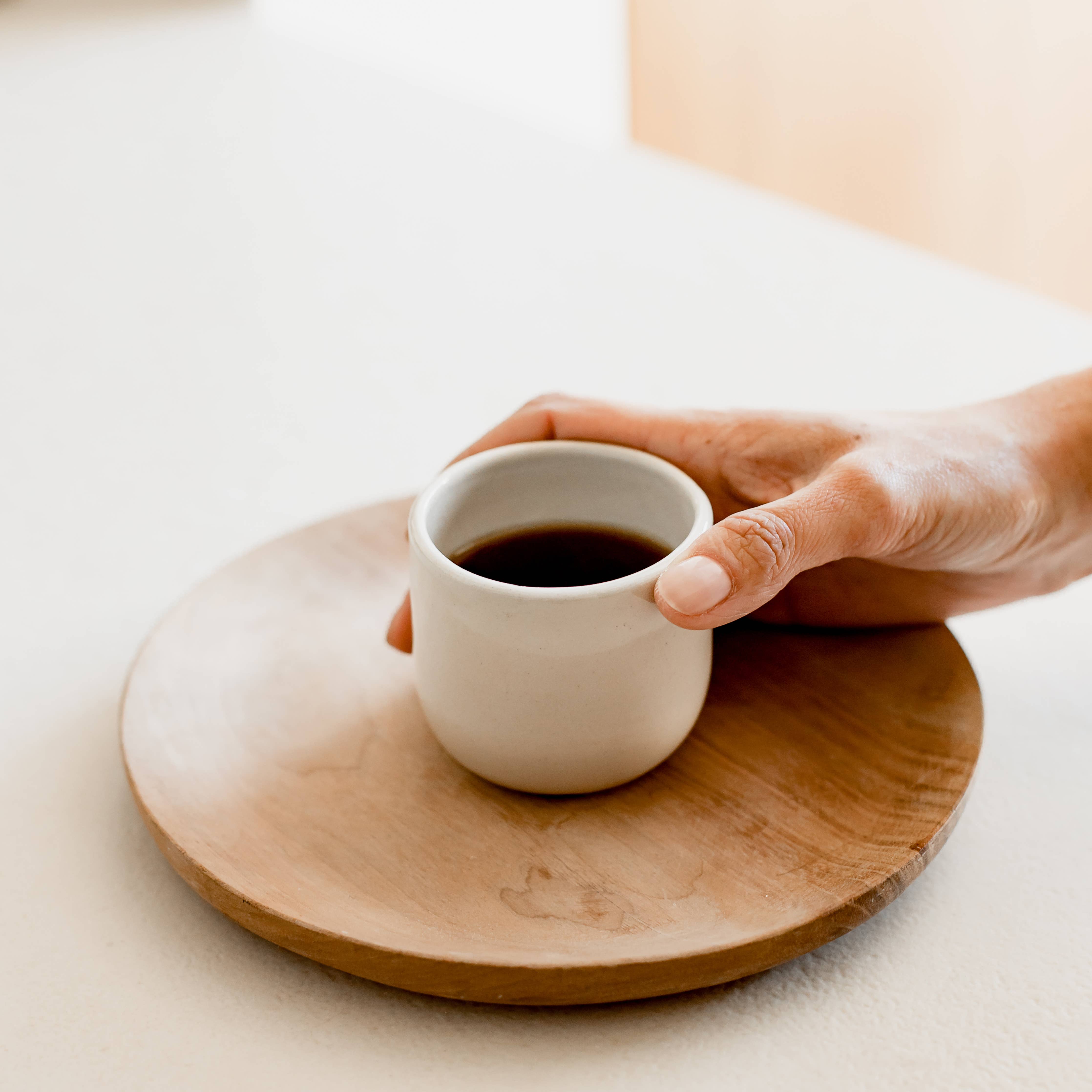 Handmade artisanal espresso coffee cup: Natural with inscription