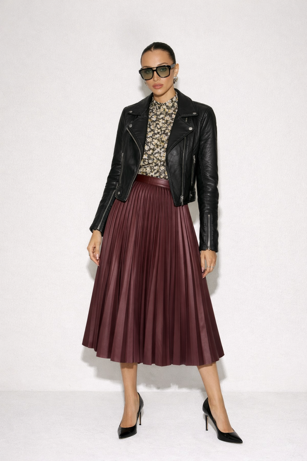 Long Pleated Vegan Leather Skirt, Secondhand