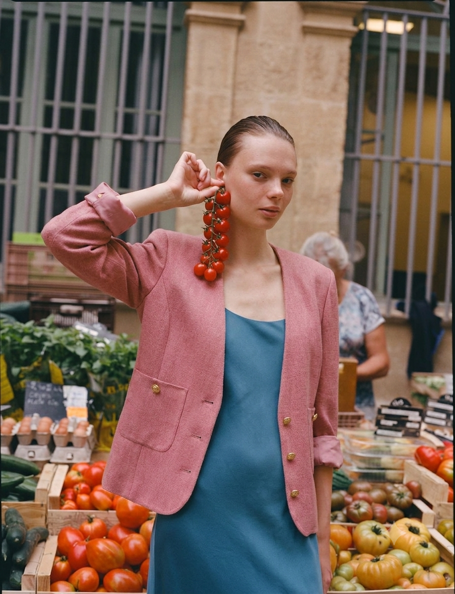 A model in a rustic market setting wearing a dusty pink double-breasted blazer over a teal dress, holding a long cluster of red cherry tomatoes near her ear.