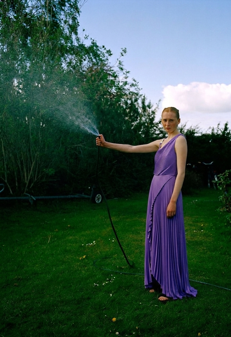 A woman in a sleeveless purple maxi dress stands in a backyard watering a lawn with a hose. The background features green grass, trees, a house with green siding, and a blue sky with clouds.